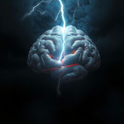 A surreal depiction of a human brain illuminated by flashes of bright lightning in the center, surrounded by dark, mysterious shadows