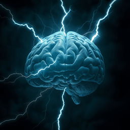 A surreal depiction of a human brain illuminated by flashes of bright lightning in the center, surrounded by dark, mysterious shadows