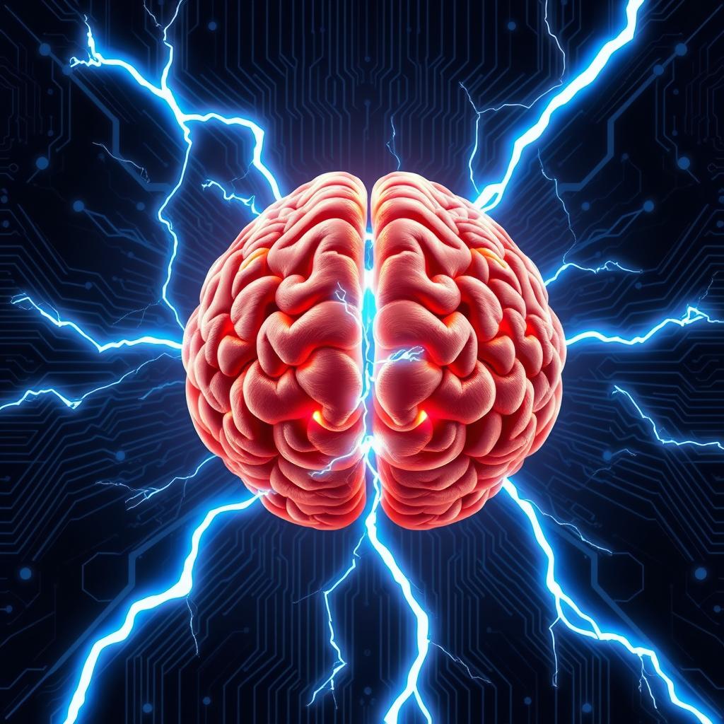 A highly detailed illustration of a human brain, positioned centrally within the image, glowing with electric blue and white lightning bolts emanating from its center, surrounded by a dark, abstract AI-themed background featuring digital patterns and circuitry