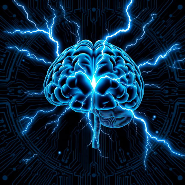 A highly detailed illustration of a human brain, positioned centrally within the image, glowing with electric blue and white lightning bolts emanating from its center, surrounded by a dark, abstract AI-themed background featuring digital patterns and circuitry