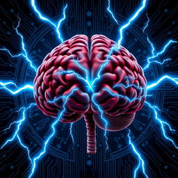 A highly detailed illustration of a human brain, positioned centrally within the image, glowing with electric blue and white lightning bolts emanating from its center, surrounded by a dark, abstract AI-themed background featuring digital patterns and circuitry