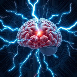 A highly detailed illustration of a human brain, positioned centrally within the image, glowing with electric blue and white lightning bolts emanating from its center, surrounded by a dark, abstract AI-themed background featuring digital patterns and circuitry