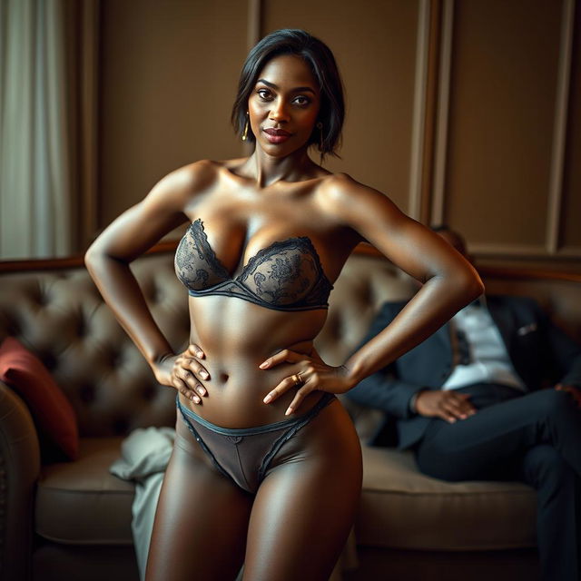 An Indian woman wearing elegant lingerie standing confidently in front of a black man