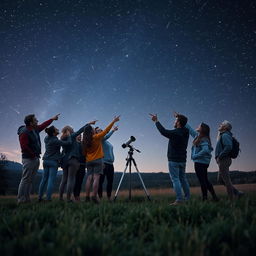 A captivating scene depicting ten diverse people standing together under a stunning night sky filled with countless stars, witnessing a beautiful meteor shower