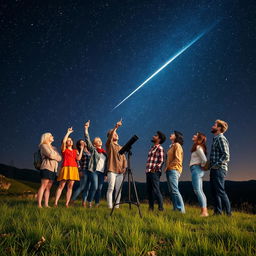 A captivating scene depicting ten diverse people standing together under a stunning night sky filled with countless stars, witnessing a beautiful meteor shower