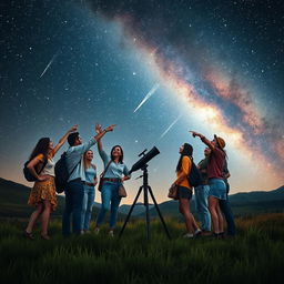 A captivating scene depicting ten diverse people standing together under a stunning night sky filled with countless stars, witnessing a beautiful meteor shower