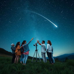 A captivating scene depicting ten diverse people standing together under a stunning night sky filled with countless stars, witnessing a beautiful meteor shower