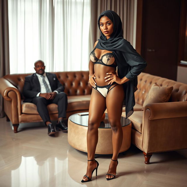 A pretty hijabi woman dressed in stylish lingerie and stiletto heels standing confidently in front of a black man