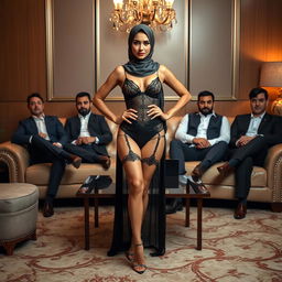 A pretty hijabi woman dressed in stylish lingerie and stiletto heels standing confidently in front of four men
