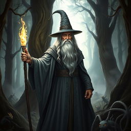 A majestic depiction of Gandalf, the iconic wizard from fantasy literature, standing in a mystical forest