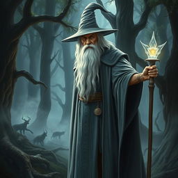 A majestic depiction of Gandalf, the iconic wizard from fantasy literature, standing in a mystical forest