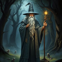 A majestic depiction of Gandalf, the iconic wizard from fantasy literature, standing in a mystical forest