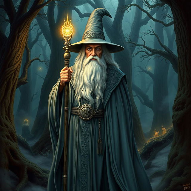 A majestic depiction of Gandalf, the iconic wizard from fantasy literature, standing in a mystical forest