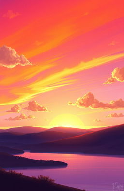 A stunning digital painting of a beautiful sunset, featuring vibrant hues of orange, pink, and purple blending seamlessly in the sky