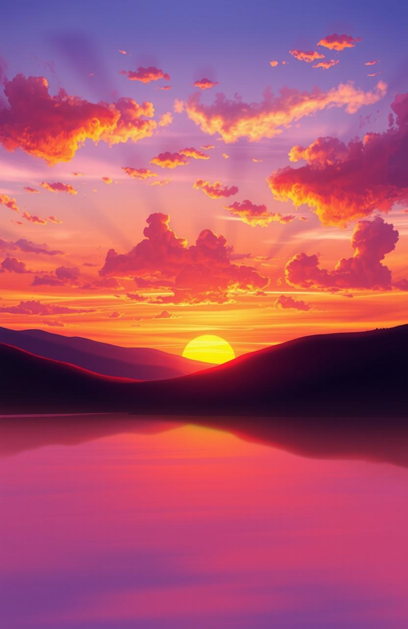 A stunning digital painting of a beautiful sunset, featuring vibrant hues of orange, pink, and purple blending seamlessly in the sky