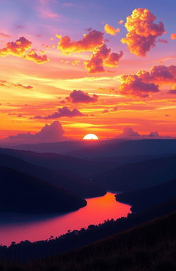 A stunning digital painting of a beautiful sunset, featuring vibrant hues of orange, pink, and purple blending seamlessly in the sky