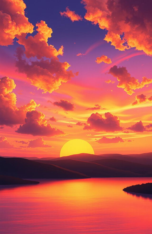 A stunning digital painting of a beautiful sunset, featuring vibrant hues of orange, pink, and purple blending seamlessly in the sky