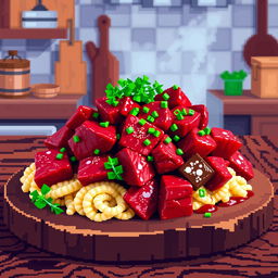 A vibrant pixel art representation of a beef dish, featuring beautifully rendered pixelated chunks of beef with a variety of colors to depict the rich red and brown tones of the meat