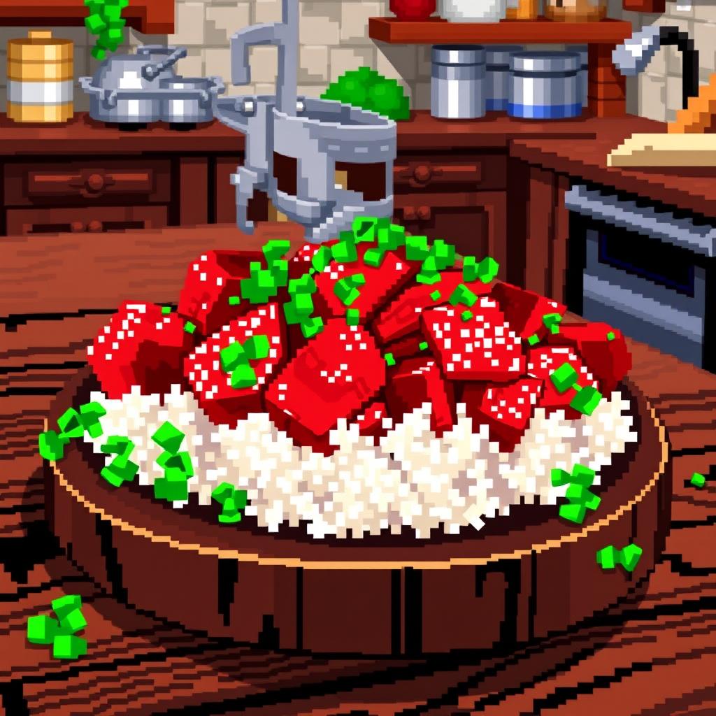 A vibrant pixel art representation of a beef dish, featuring beautifully rendered pixelated chunks of beef with a variety of colors to depict the rich red and brown tones of the meat