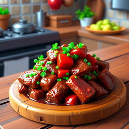 A vibrant pixel art representation of a beef dish, featuring beautifully rendered pixelated chunks of beef with a variety of colors to depict the rich red and brown tones of the meat