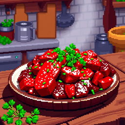 A vibrant pixel art representation of a beef dish, featuring beautifully rendered pixelated chunks of beef with a variety of colors to depict the rich red and brown tones of the meat