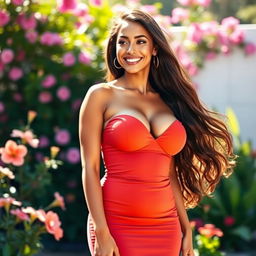 A beautiful woman with large breasts, wearing a stylish, form-fitting dress that highlights her curves