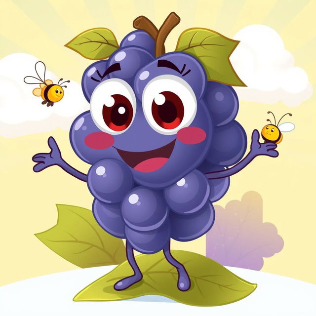 A playful and vibrant cartoon illustration of a happy grape character