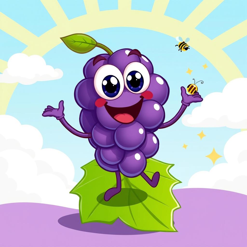 A playful and vibrant cartoon illustration of a happy grape character