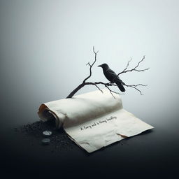 A half-rolled letter resting on the ground, with a dead tree emerging from it, creating a striking visual of decay and resilience