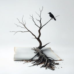 A half-rolled letter resting on the ground, with a dead tree emerging from it, creating a striking visual of decay and resilience