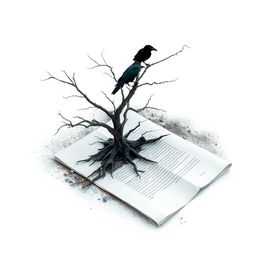 A half-rolled letter resting on the ground, with a dead tree emerging from it, creating a striking visual of decay and resilience