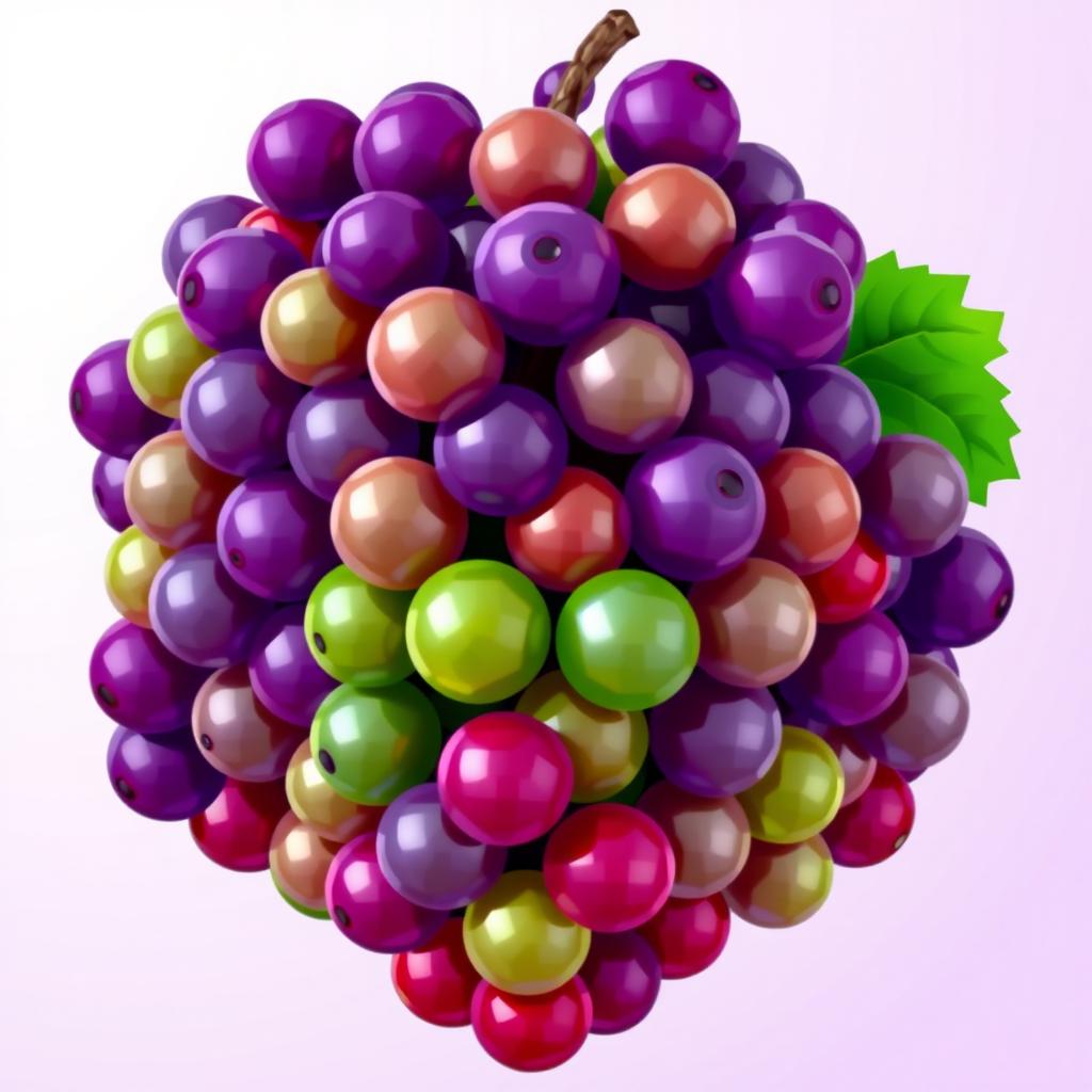 A large, vibrant cluster of grapes composed entirely of colorful pixels, resembling a digital art piece