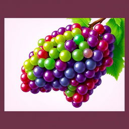 A large, vibrant cluster of grapes composed entirely of colorful pixels, resembling a digital art piece