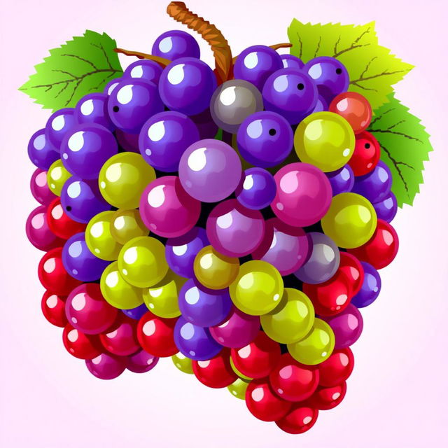 A large, vibrant cluster of grapes composed entirely of colorful pixels, resembling a digital art piece