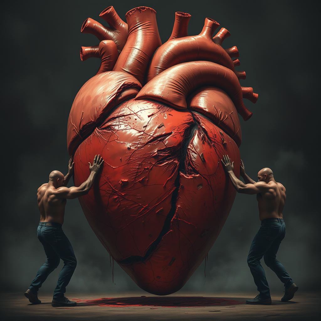 A giant, anatomically accurate human heart depicted in vivid detail, covered in numerous cuts and wounds, showcasing a raw and visceral theme