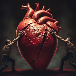 A giant, anatomically accurate human heart depicted in vivid detail, covered in numerous cuts and wounds, showcasing a raw and visceral theme