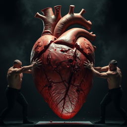 A giant, anatomically accurate human heart depicted in vivid detail, covered in numerous cuts and wounds, showcasing a raw and visceral theme