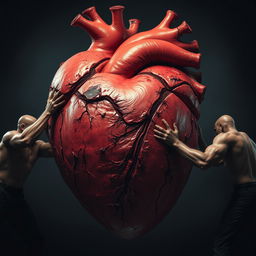 A giant, anatomically accurate human heart depicted in vivid detail, covered in numerous cuts and wounds, showcasing a raw and visceral theme