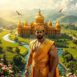 A magnificent golden palace surrounded by lush green fields, sparkling rivers, and blooming flowers