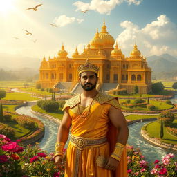 A magnificent golden palace surrounded by lush green fields, sparkling rivers, and blooming flowers