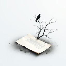 A half-rolled letter on the ground, with a dead tree growing out of it, presenting a stark image of nature reclaiming human artifacts
