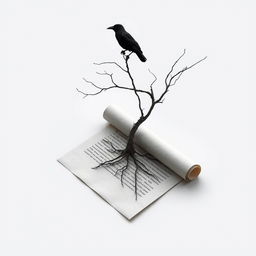 A half-rolled letter on the ground, with a dead tree growing out of it, presenting a stark image of nature reclaiming human artifacts