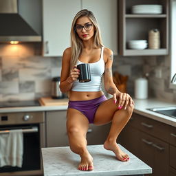 A flirty 29-year-old Arabic woman with dark blonde, very long thick hair, 34D breasts, and a very skinny figure, sitting on a kitchen countertop