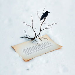 A half-rolled letter lying on the snowy ground, with a dead tree growing out of it, stark against a winter backdrop
