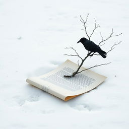 A half-rolled letter lying on the snowy ground, with a dead tree growing out of it, stark against a winter backdrop