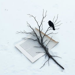 A half-rolled letter lying on the snowy ground, with a dead tree growing out of it, stark against a winter backdrop