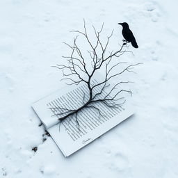 A half-rolled letter lying on the snowy ground, with a dead tree growing out of it, stark against a winter backdrop