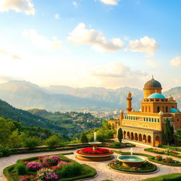 A stunning landscape showcasing the beauty of Iran, featuring the dramatic mountains of Alborz, lush green valleys, and historic Persian architecture