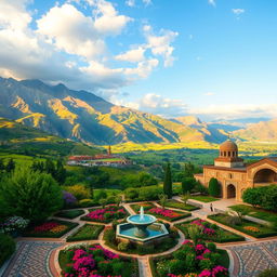 A stunning landscape showcasing the beauty of Iran, featuring the dramatic mountains of Alborz, lush green valleys, and historic Persian architecture