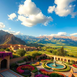 A stunning landscape showcasing the beauty of Iran, featuring the dramatic mountains of Alborz, lush green valleys, and historic Persian architecture